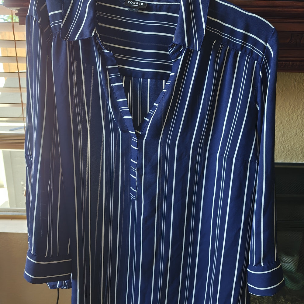 Torrid Navy and White Striped Button Down Shirt
